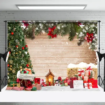 Festive Pine Tree Leaves Snow Wood Christmas Backdrop - Aperturee