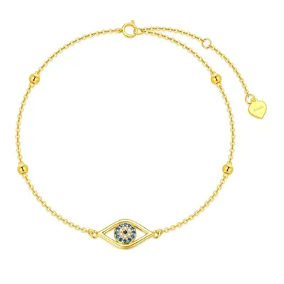 14K Gold Cubic Zirconia Bead & Evil Eye Charm Bracelet