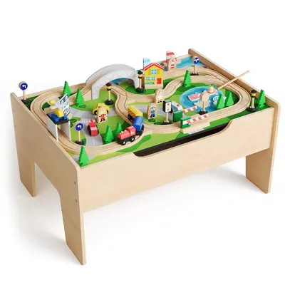 Garvee 78 Piece Train Table, Multipurpose Wooden Toy Activity Playset for Children w/Tracks and storage, Reversible Top - Nat...