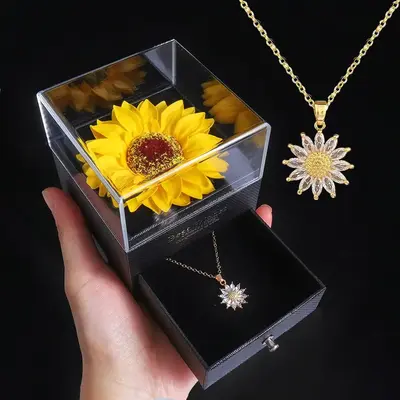 Valentine's Day Sunflower Design Necklace & Gift Box Set As Gifts, 1 Set Summer Artificial Sunflower Gift Box for Girlfriend ...