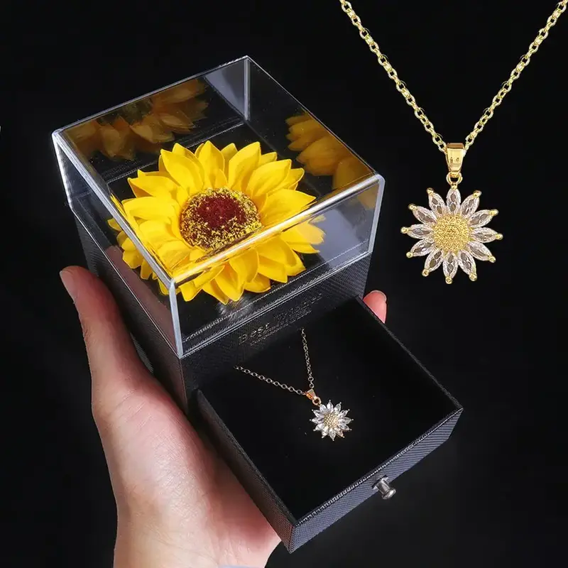 Valentine's Day Sunflower Design Necklace & Gift Box Set As Gifts, 1 Set Summer Artificial Sunflower Gift Box for Girlfriend ...