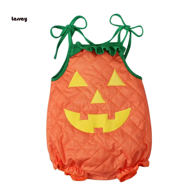 Newborn Baby Halloween Costume, Cartoon Pumpkin Face Print Tie-Up Sleeveless Cosplay Romper Clothes