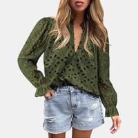 PrettyGarden Women's Lace Embroidered Blouse - Button Up, V Neck, Long Sleeve, Puff Design, Casual Top for Women#springtok