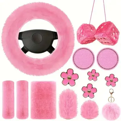 Car Interior Decoration Kit, 14pcs/set Steering Wheel Cover & Gearshift & Handbrake Grips & Console Mat & Seat Pads & Coaster...