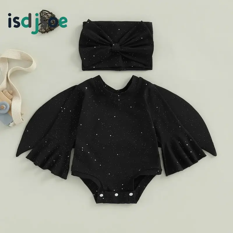 Toddler Baby Girl Bat Costumes Glitter Batwing Long Sleeve Romper with Bow Headband 2 Piece Halloween Outfit
