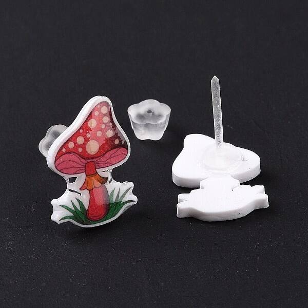 Acrylic Cartoon Mushroom Stud Earrings with Platic Pins for Women