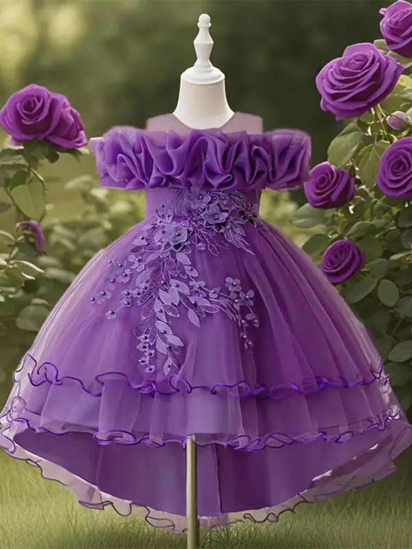 Girl's Floral Print Sequin Decor Tulle Dress, Elegant Ruffle Trim Sleeveless A Line Tutu Dress for Party Wedding Guest, Kids ...