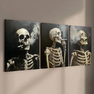 Skull Pattern Canvas Painting, 3 Counts/set Creative Wall Art Poster, Wall Art Decor for Home Living Room Bedroom Office