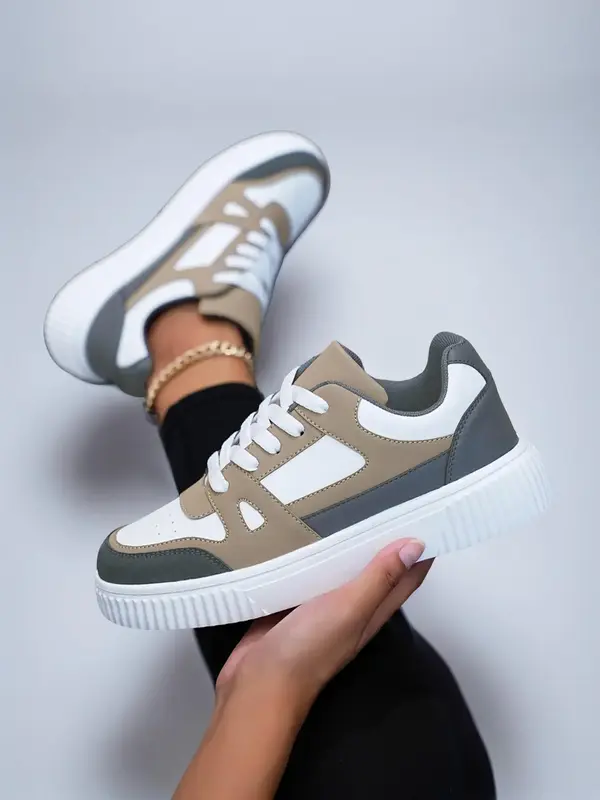 Women's Fashion Colorblock Lace Up Low Top Trainer Sneakers As Gifts, Trending Sneakers, Fall Casual Breathable Comfortable S...