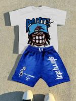 Men's Graphic Print Tee & Drawstring Waist Shorts Two-piece Set, Regular Fit Casual Fashion Short Sleeve T-shirt & Shorts, Me...