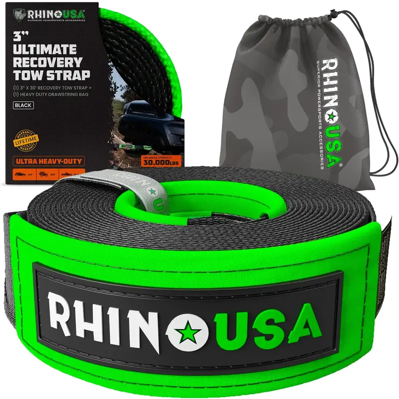 Rhino USA Recovery Tow Strap (3 x 20') 31,518lb Break Strength - Heavy Duty Emergency Recovery Strap Tow Rope for Offroad 4...