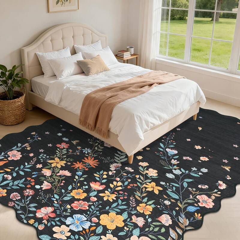 Garvee Large Floral 9x12 Area Rugs Soft Washable Non Slip Backing for Living Room Bedroom Nursery Black