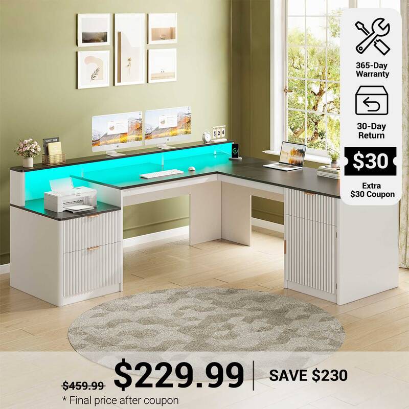 SEDETA | 66 Inch L Shaped Executive Desk Fluted Office Computer Desk with LED Lights Drawers, File Cabinet, Printer Shelf, Mo...