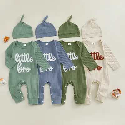 Newborn Coming Home Baby Boy Outfits Little Bro Letter Print Rompers Long Sleeve Knit Fall Clothes with Hat
