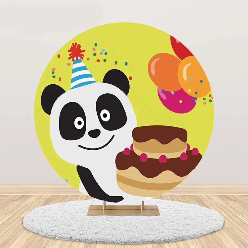 Yellow Cute Panda Cake Round Happy Birthday Backdrop - Aperturee