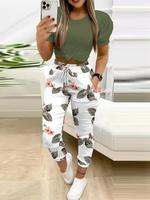 Women's Top & Floral Print Pants Two-Piece Set, Casual Fashion Fitted Cozy Top & Trousers for Daily Outdoor Wear, Ladies Su...