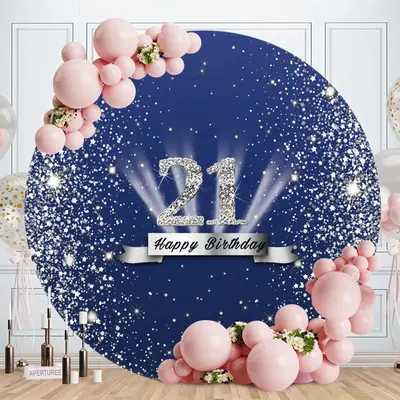 Aperturee Sliver Glitter Round Blue 21st Birthday Backdrop