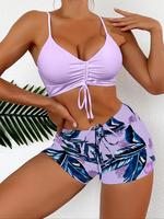 2 Piece Set Women's Drawstring Ruched Bikini Set, Casual Adjustable Strap Swim Top & Leaf Print Swim Shorts, Ladies Tummy Con...