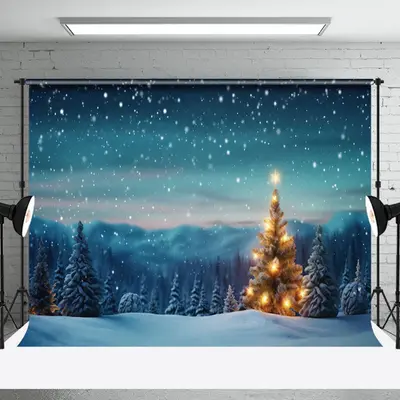 Aperturee Snowy Night Mountain Scene Trees Christmas Backdrop - Aperturee