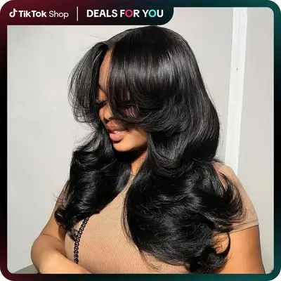 Tinashe Butterfly Cut Human Hair Glueless 200% Density Wig With Curtain Bangs Butterfly Cut Loose Body Wavy Pre Cut 6x5 HD La...