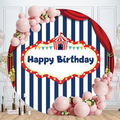 Aperturee Happy Birthday Circus Blue And White Stripes Round Backdrops
