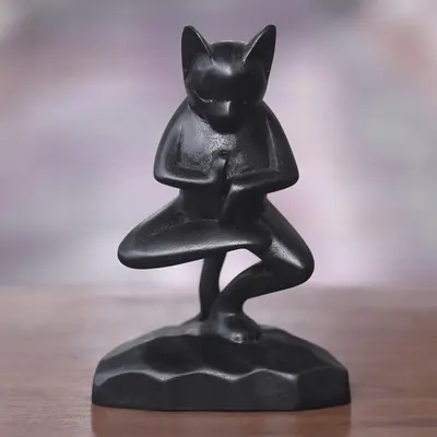 NOVICA Vrkasana Black Cat Unique Wood Sculpture of Black Cat in Yoga Pose