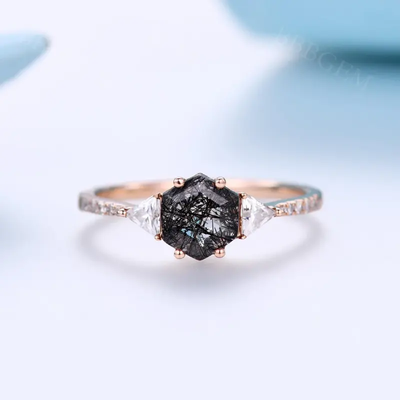 Hexagon Black Rutilated Quartz Engagement Ring Diamond Ring