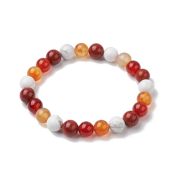 8.5mm Round Natural Carnelian & Howlite & Carnelian & Red Jasper Bead Stretch Bracelets for Women