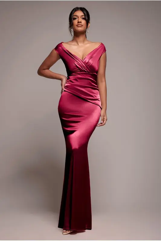 Goddiva Satin Off The Shoulder Maxi Dress - Wine