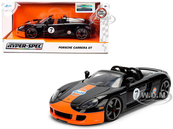 Porsche Carrera GT Convertible #7 Gulf Oil Black with Orange Graphics Hyper-Spec Series 1/24 Diecast Model Car by Jada