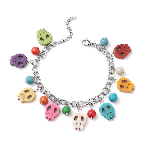 Halloween Dyed Synthetic Turquoise Skull Pendant Brass Cable Chains Bracelets