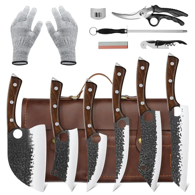 Purple Dragon 6PCS Set High Carbon Steel Chef Knife with Accessories for Restaurant and Outdoor BBQ Camping - Knife Block, Bl...