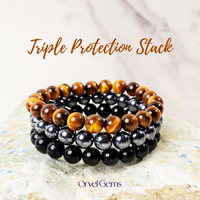 Triple Protection Bracelet Set – 8mm Tiger’s Eye, Obsidian, Amethyst, Apatite, Rose Quartz & Hematite | Unisex Healing Gi...