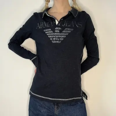 Armani Jeans Long Sleeve Polo Shirt - Small Navy Cotton