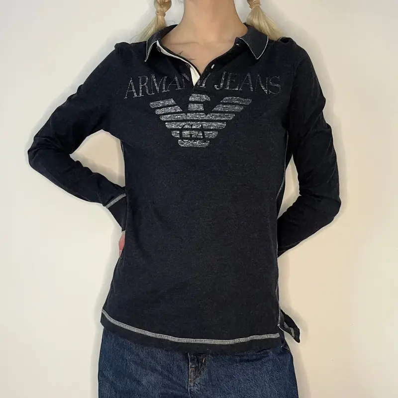 Armani Jeans Long Sleeve Polo Shirt - Small Navy Cotton