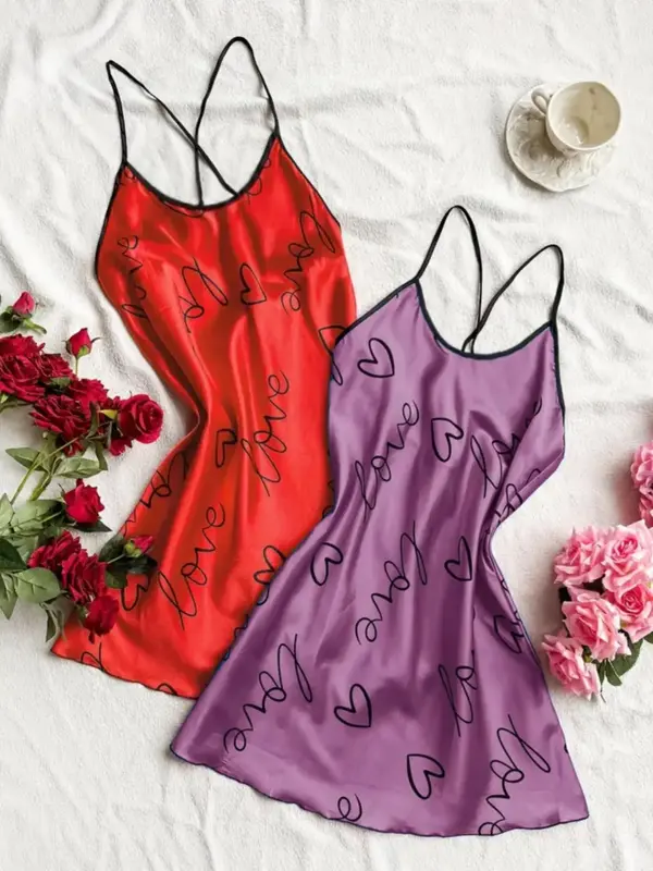 Women's Pumpkin & Skull Print Criss Cross Backless Silk Cami Nightdress, Women's Nightwear, Heart Print Lettuce Trim Spaghett...