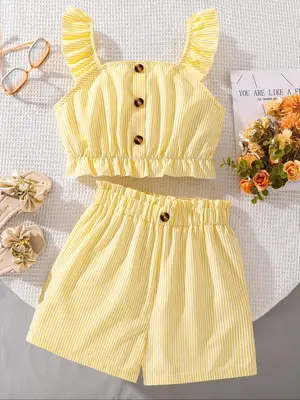 Girl's Striped Print Crop Tank Top & Shorts Two-Piece Set, Casual Sleeveless Top & Shorts for Summer, Kids Clothes for Daily ...