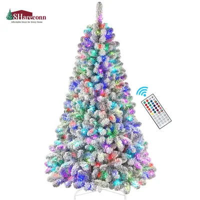 ăRGB LightsăSHareconn 4/5/6/7.5/9FT 2025 Pre-Lit Snow Flocked Christmas Tree with Remote Control, Deluxe Hinged Design, I...