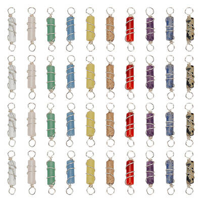 40Pcs 10 Styles Natural Mixed Gemstone Copper Wire Wrapped Column Connector Charms