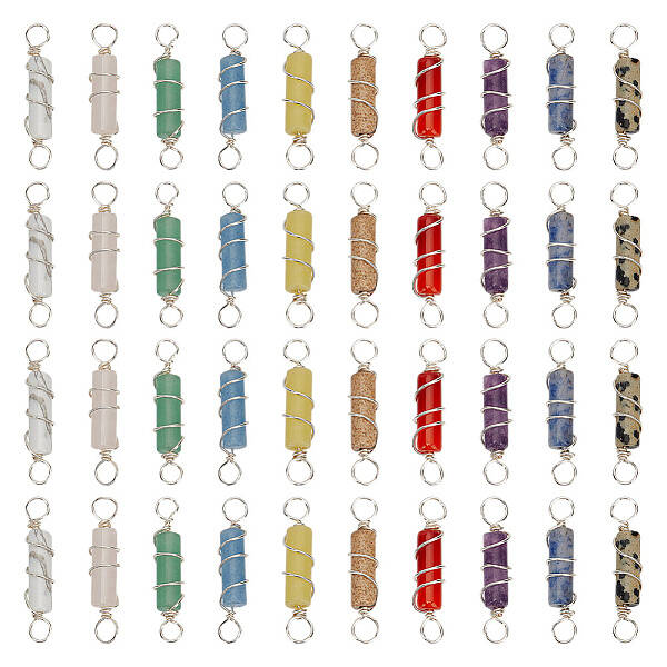 40Pcs 10 Styles Natural Mixed Gemstone Copper Wire Wrapped Column Connector Charms