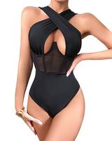 Women's Halter Criss Cross Sleeveless Bodysuit Sheer Mesh Corset Bustier Sexy Cut Out Leotard Jumpsuit S-L