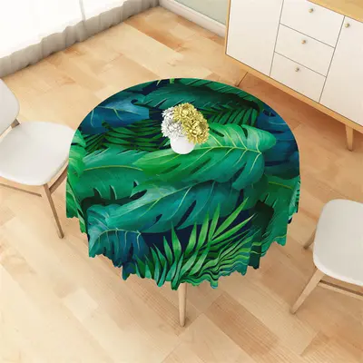 Black Green Fresh Jungle Leaf Print Round Tablecloth - Aperturee