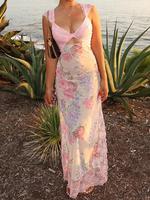 Women's Floral Patchwork Print Lace Trim Dress, Summer Clothes Women, Boho Casual Fashion Long Dress for Beach Holiday Vacati...