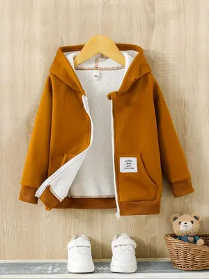 Boy's Letter Patched Thermal Lined Zip Up Hooded Jacket, Casual Long Sleeve Pocket Outerwear for Fall & Winter, Kids Clothes ...