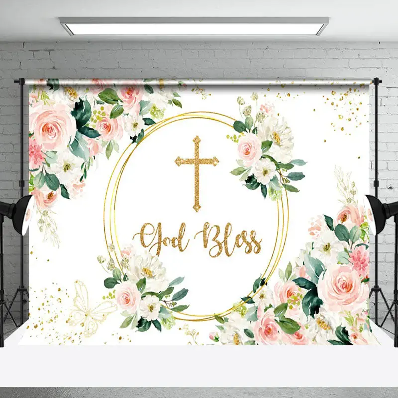 Religious Blessing Cross Flowers Decorative Backdrop - Aperturee
