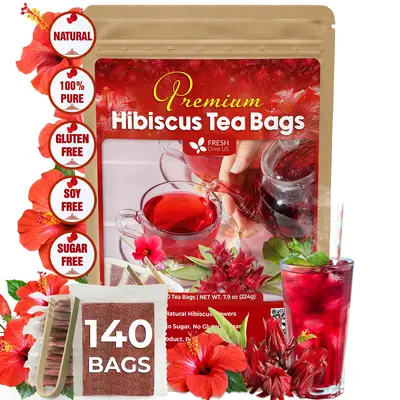 FreshDrinkUS Premium 140 Hibiscus Flowers Tea Bags, 100% Natural, Pure from Hibiscus Flowers. Loose Flower Hibiscus Herbal Te...