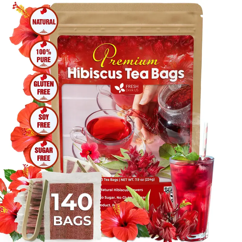FreshDrinkUS Premium 140 Hibiscus Flowers Tea Bags, 100% Natural, Pure from Hibiscus Flowers. Loose Flower Hibiscus Herbal Te...