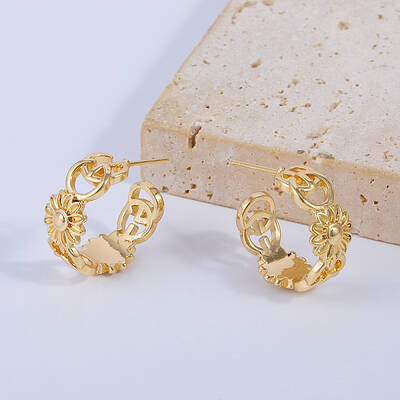 C-shaped Hollow Sunflower Brass Stud Earrings