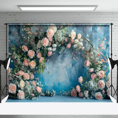 Abstract Blue Wall Spring Floral Wedding Backdrop