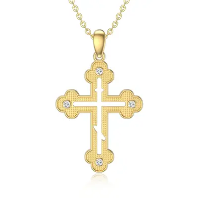 14K Gold Cubic Zirconia Hollow Cloud Cross Pendant Necklace